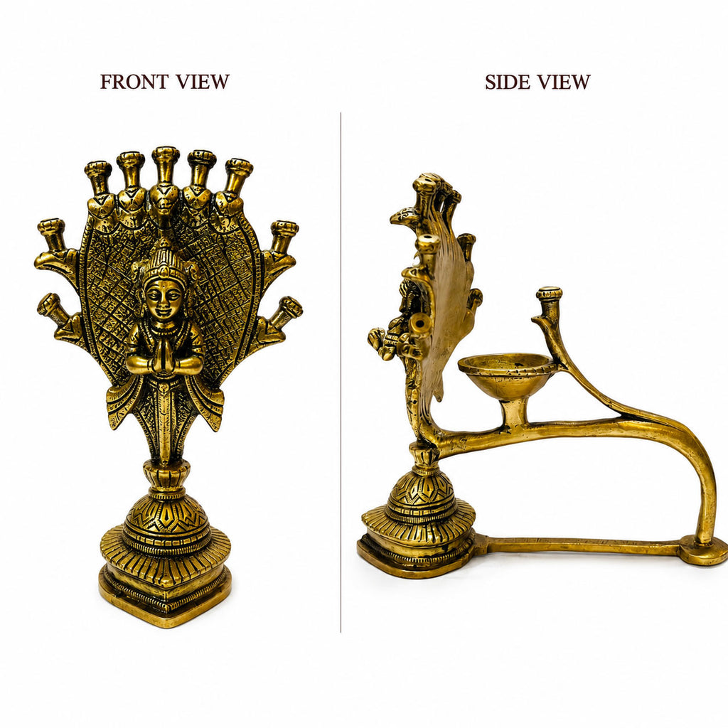 Brass Seshnag Diya – front view in temple setting showing full deity detail